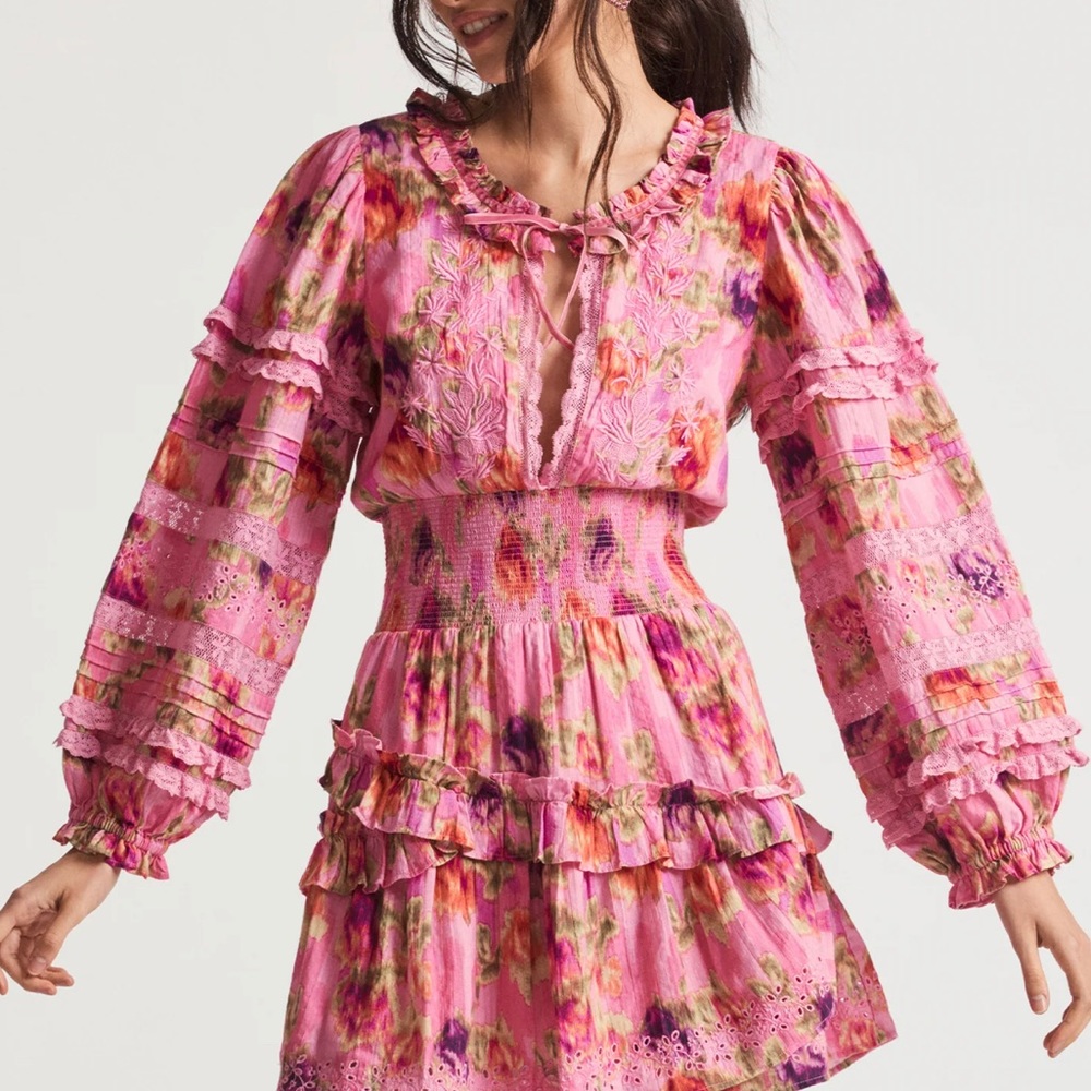 LoveShackFancy Clarkie Floral Tie Neck Mini Dress XS